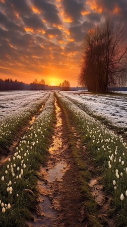 Generative AI : Snowcovered country road through the fields at night Forest in the background Terrific sunset sky with colorful clouds Winter landscape Latviaの素材