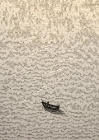 Generative AI : Alone white little boat on sea and dark storm cloudsの素材