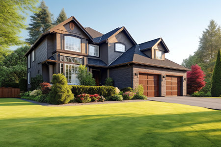 Generative AI : Beautiful new luxury real estate with front yard and drivewayの素材