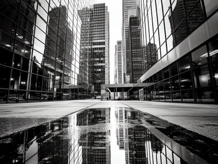 Generative AI : Black and white abstract low angle view of modern glass buildings with beautiful reflections in downtown financial district on clear sky background City skyscrapersの素材