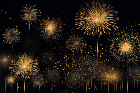 Generative AI : Sylvester happy new year new years eve 2023 background banner Golden firework fireworks pyrotechnics on dark black night skyの素材