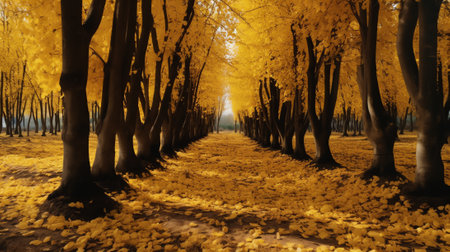 Generative AI : Golden autumn The edge of an oak forest On the right there is a dirt road and dry yellow grass grows Yellow fallen leaves lie on the groundの素材