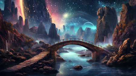 Generative AI : Amazing scenery of aged stone bridge with arched elements crossing river under evening sky with glowing Milky Way and sunset lightの素材