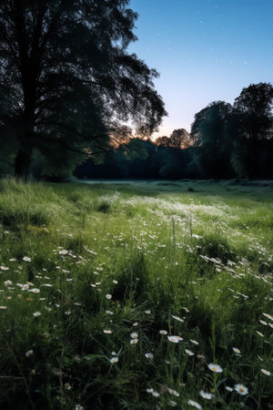 Generative AI : The road cut through the meadow in the half moon beautifullyの素材