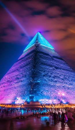 Generative AI : The Pyramids of Giza by night in Egyptの素材
