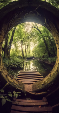 Generative AI : Tree leaf leaves plant tunnel circle round opening to the sky light at the end of the tunnel in Brussels Belgium Europeの素材