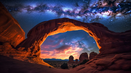 Generative AI : Milky Way Galaxy behind Double Arch sandstone rock formation in Arches National Park Utahの素材