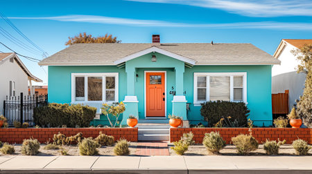 Generative AI : Orange cement house facade with adobe red roof tiles and vents with front yard trees in downtown neighborhood in city Clear blue copy space sky in suburban or urabaの素材