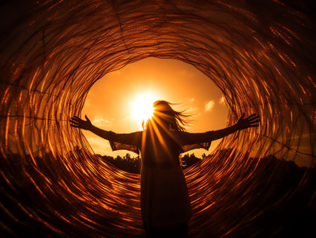 Generative AI : numerology a young girl folded her hands in the shape of a heart against the background of the sun at sunset surrounded by numbersの素材