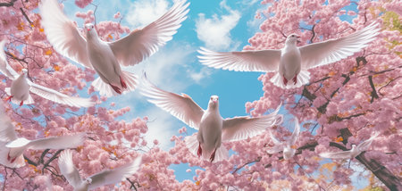 Generative AI : Pigeons and flying bubbles placed in spring branches on a sunny dayの素材