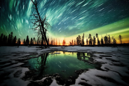Generative AI : northern lake at night View to northern leafless forest in winter under starry cloudless sky with Polar lightの素材