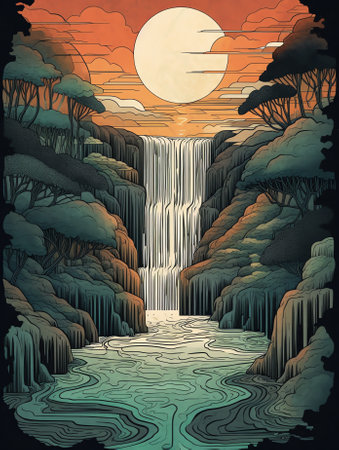 Generative AI : Orange moon over great waterfallの素材
