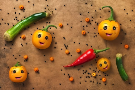 Generative AI : Space pumpkin solar system with carrot pepper and lentils soup concept flat lay healthy food backgroundの素材