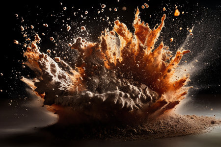Generative AI : Abstract brown dust explosion on white background Abstract brown powder splattered on dark background Freeze motion of brown powder splashの素材