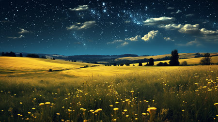 Generative AI : Night Starry Sky With Glowing Stars Above Countryside Landscape Milky Way Galaxy And Rural Field Meadow In Summer Panorama Panoramic View Summertimeの素材