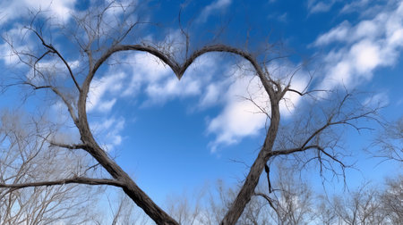 Generative AI : Pine trees in the forest form a heart shape their branches against a blue sky a perspective view from the bottom up Valentines Day conceptの素材