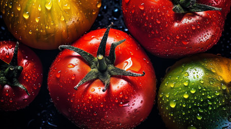 Generative AI : Fresh ripe delicious brown yellow tomatoes Background from freshly harvested red tomatoes Dark Galaxyの素材