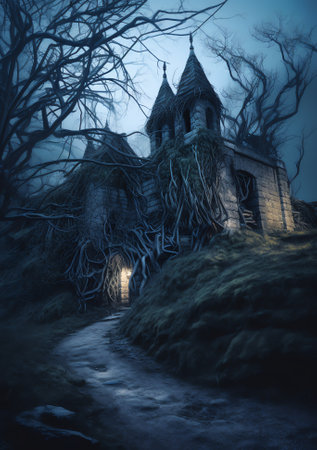 Generative AI : Old house with a Ghost in the forest at misty night or Night scene with House under moon Old mystic building in dead tree forestの素材
