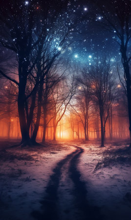 Generative AI : Road leading towards colorful sunrise between snow covered trees with epic milky way on the skyの素材