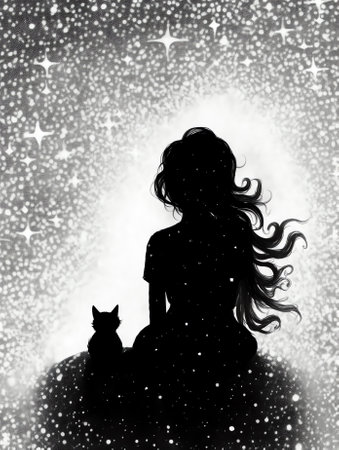 Generative AI : Silhouette of a woman sitting outside starry night backgroundの素材