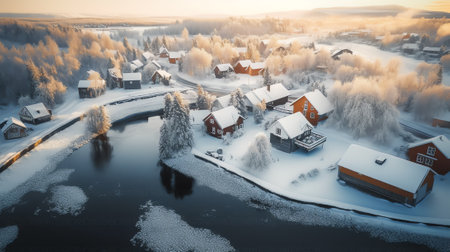 Generative AI : Gorgeous landscape with orange infrared effect of snowy agricultural field against small town with country houses under dramatic cloudy skyの素材