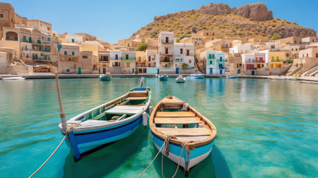Generative AI : Boats moored on sea against clear blue skyの素材