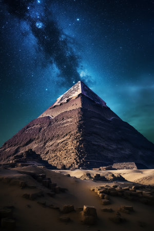 Generative AI : Pyramid of Khafre in desert dunes at night against the stars and Milky Way Galaxy Giza Egypt Astrophotography fantastic backgroundの素材