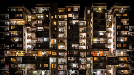 Generative AI : Contemporary illuminated office and apartment skyscrapers in densely built district of Madrid against dark night skyの素材