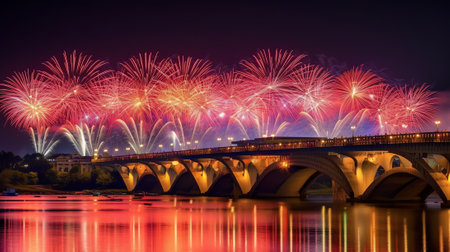 Generative AI : Wooded bridge in the port between new year celebration with fireworkの素材