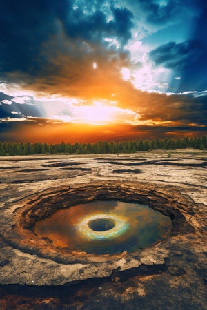 Generative AI : Heavy stormy dark rainy sky with cloud with sun illuminated hole over the field and forest silhouette on a summer evening beautiful natural landscape High quality pの素材