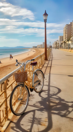 Generative AI : Stationary cycle with handle bar seat and steps on both sides attached to ground for open air exercise of visitors against blurred sea and cloudy skyの素材