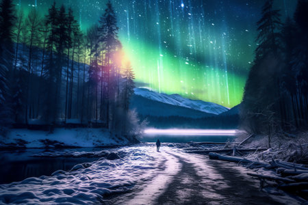 Generative AI : northern lake at night View to northern leafless forest in winter under starry cloudless sky with Polar lightの素材