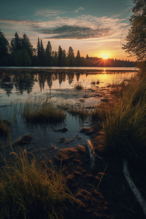 Generative AI : sunset at coast of the lake Nature landscape Nature in northern Europe reflection blue sky and yellow sunlight landscape during sunsetの素材