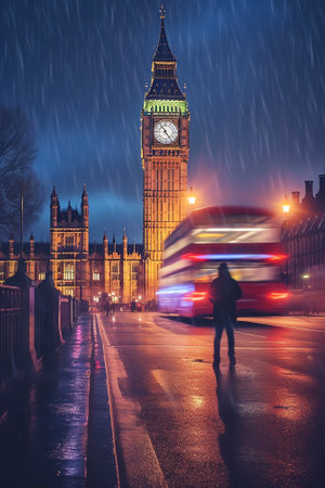 Generative AI : Big Ben and House of Parliament at Night London United Kingdomの素材