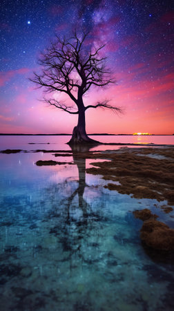 Generative AI : Landscape with Milky way galaxy Night sky with stars and silhouette mangrove tree in sea Long exposure photographの素材
