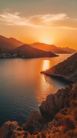 Generative AI : View from Mount Dikaios onto the island kos in greece tourist attraction beautiful sunset panoramaの素材