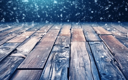 Generative AI : snow background light floor cold empty blue wooden space white table xmas top counter plank season wood card january frost falling concept stock imageの素材