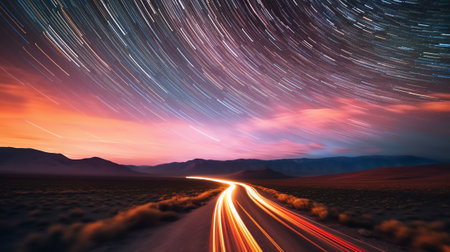 Generative AI : Light trail scurves on the road with the milky way in background grain and noise due to high ISO