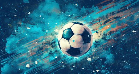 Generative AI : Soccer ball flying in space over planetの素材