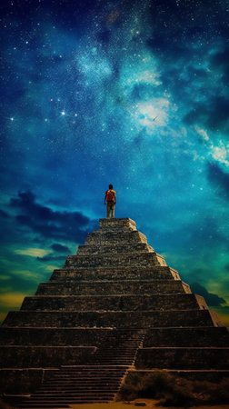 Generative AI : Ancient ruins of Maya in El Rey Archaeological Zone near Cancun Yukatan Mexico with Milky Way Galaxy stars night skyの素材