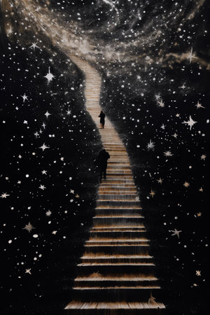 Generative AI : An escalator goes up to the night skyの素材