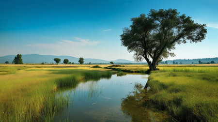 Generative AI : Blackish Marsh at Rush Ranch Open space a on a partly cloudy day with blue sky and plenty of sky copyspace showing a portion of the Suisun marsh Fairfield Californiの素材