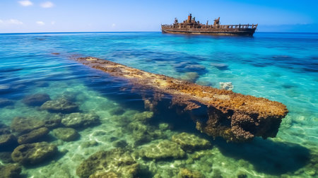 Generative AI : Amazing view of arrecife de las sirenas reefs with rough rocky coast and grunge boat rail tracks near rippling sea against cloudy and stormy skyの素材