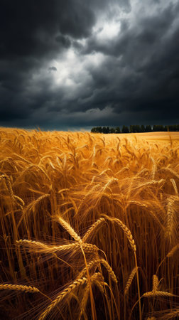 Generative AI : Golden wheat field in Ukraine at sunset Ears of ripe yellow wheat against a bright stormy sky Wheat in the wind Golden hour Copy space Summer landscape Selective foの素材