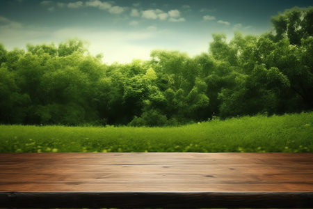 Generative AI : Empty square floor and green forest natural landscapeの素材