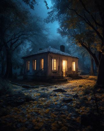 Generative AI : Old house with a Ghost in the forest at night or Abandoned Haunted Horror House in fog Old mystic building in dead tree forest Trees at night with moon Surreal lighの素材