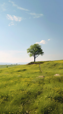 Generative AI : countryside landscape tree standing in the fieldの素材
