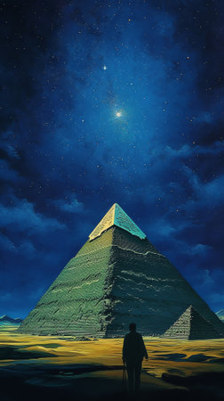 Generative AI : Pyramids of Giza in the background of the starry night skyの素材