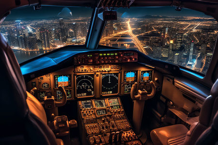 Generative AI : Night flight over cities View from planeの素材