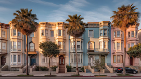 Generative AI : Row of houses or townhomes in downtown city in san francisco california with blue sky copy space sky Blue white and beige buildings with front yard trees in late afの素材